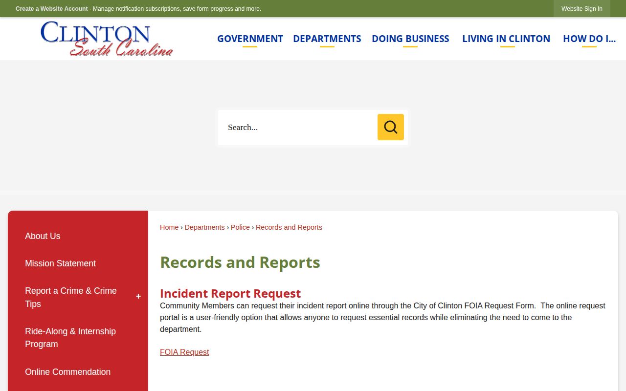 Clinton Police Department Laurens County incident-record request page
