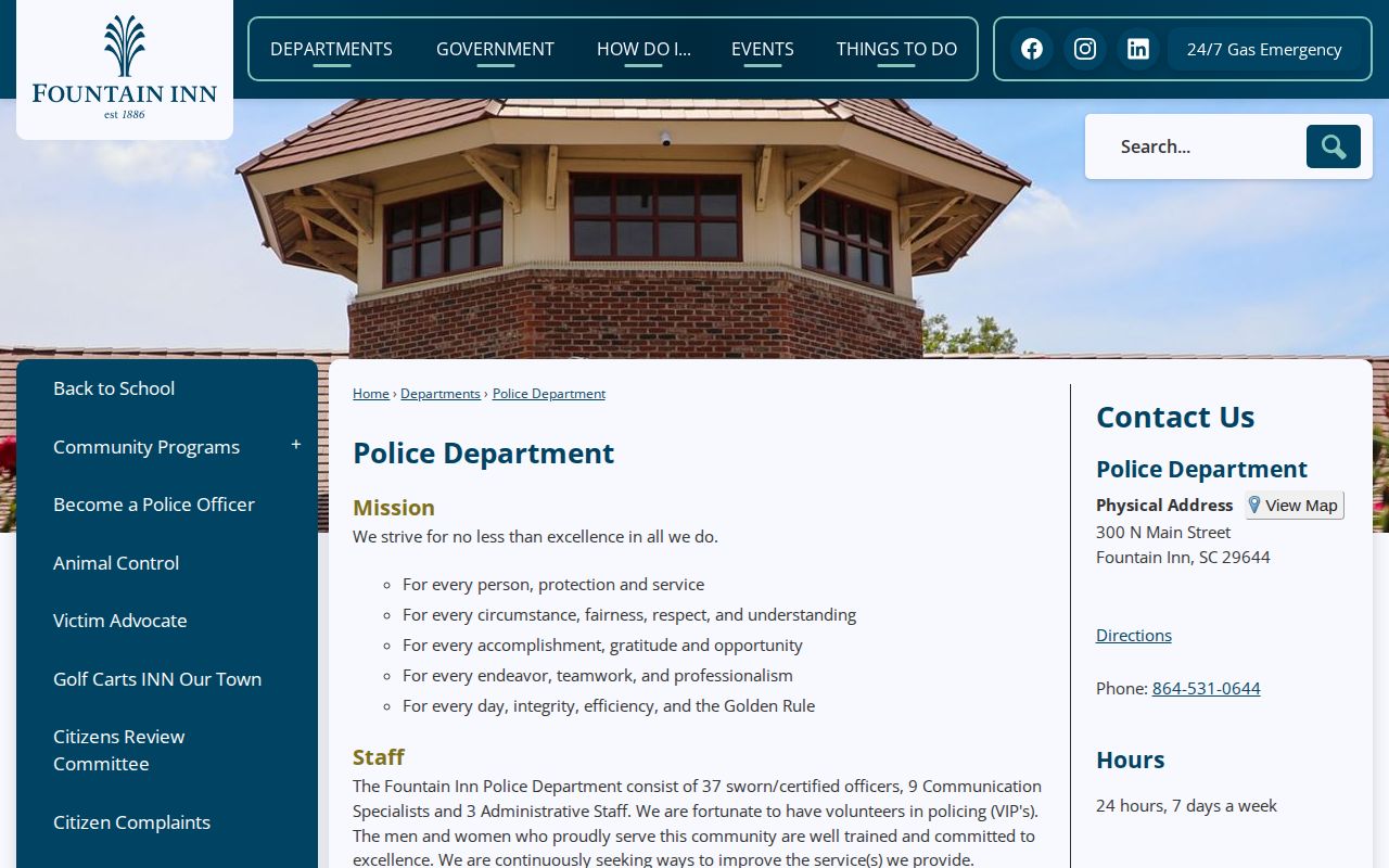 Fountain Inn Police Department contact page for incident-record routing